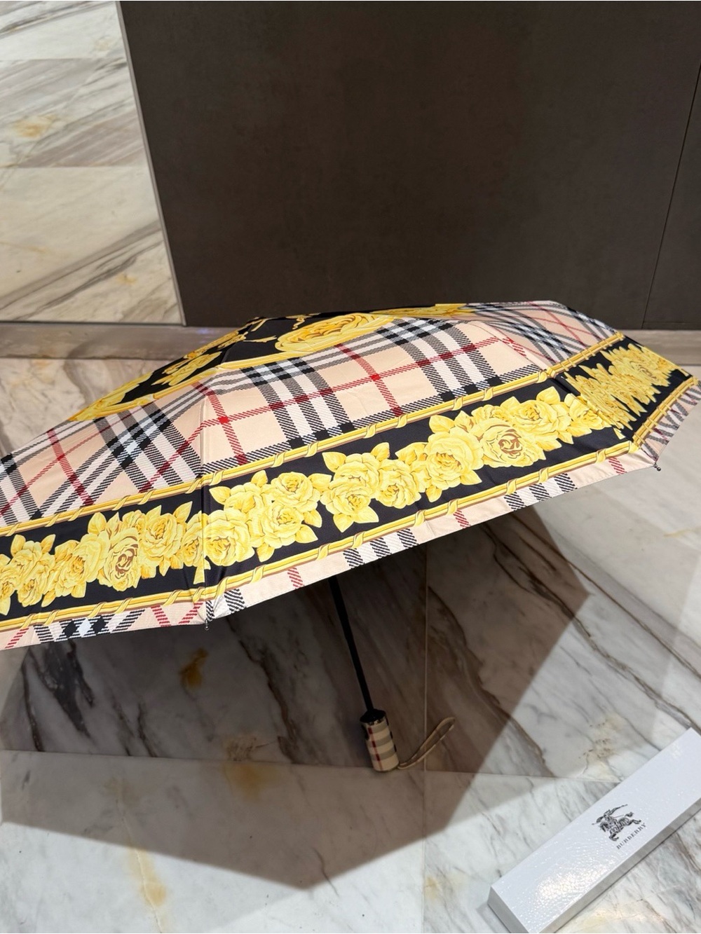 Burberry Beige Check Compact Umbrella with Yellow Floral Border